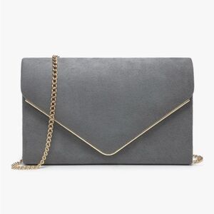Elegant Gray Suede Clutch with Gold Chain